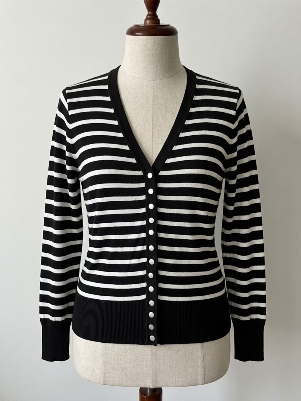 Zenana Outfitters Black and White Striped V-Neck Button Cardigan